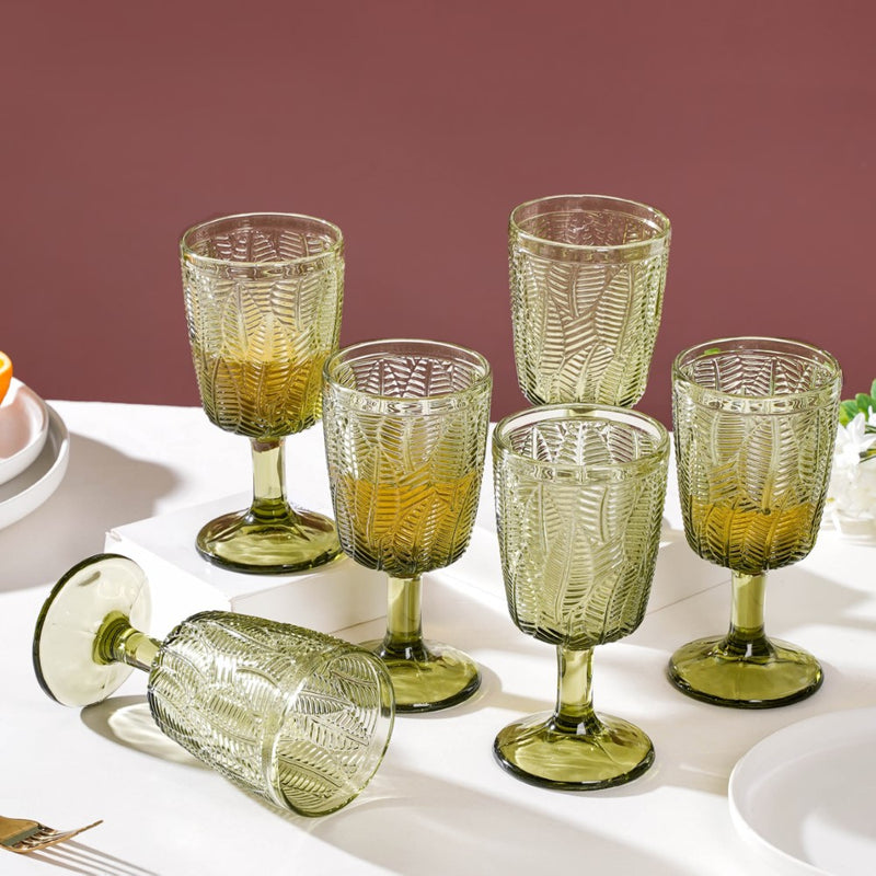 Vintage Engraved Wine Glass Green Set of 6 300 ml