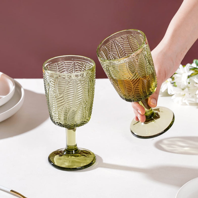 Vintage Engraved Wine Glass Green Set of 6 300 ml