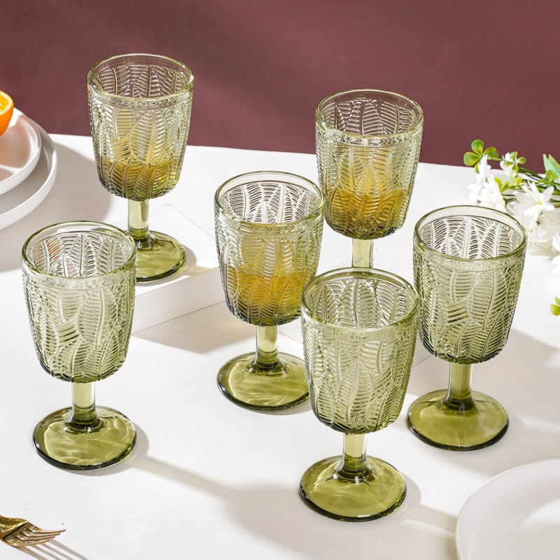 Vintage Engraved Wine Glass Green Set of 6 300 ml