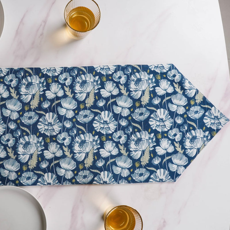Floral Dining Cotton Printed Table Runner Royal Blue For 6 Seater