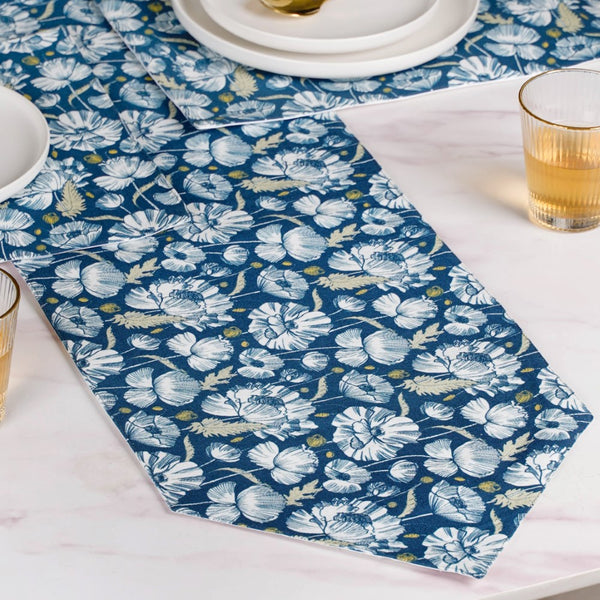 Floral Dining Cotton Printed Table Runner Royal Blue For 6 Seater