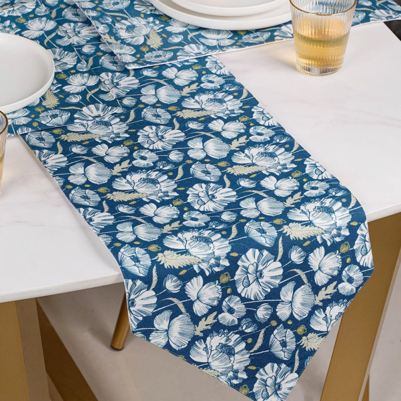 Floral Dining Cotton Printed Table Runner Royal Blue For 6 Seater
