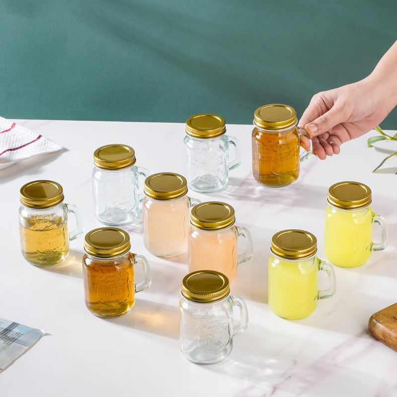 Glass Mini Mason Jar Mug With Lid Set Of 10 110ml- Mug for coffee, tea mug, cappuccino mug | Cups and Mugs for Coffee Table & Home Decor