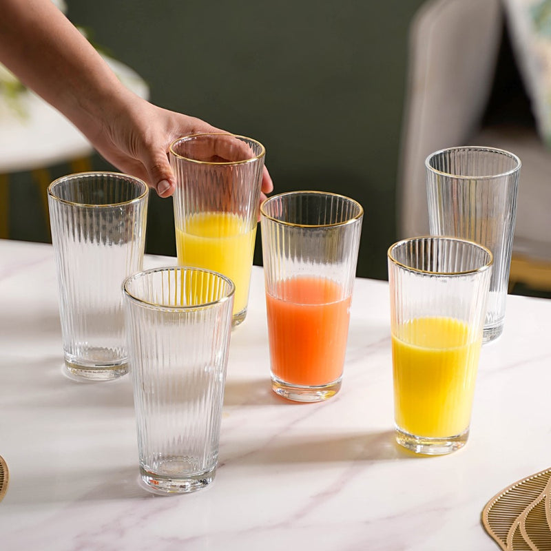 Ribbed Gold Rim Tall Tumbler Set Of 6 350 ml