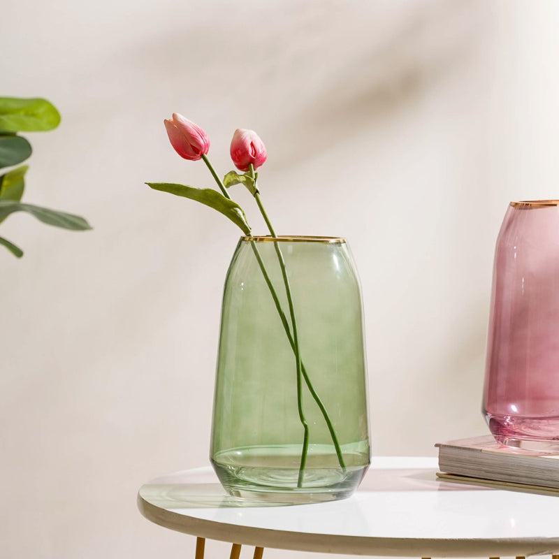 Clear Glass Gold Detailed Vase Green 9 Inch - Glass flower vase for home decor, office and gifting | Home decoration items