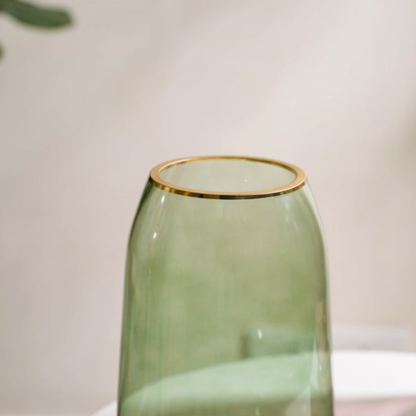 Clear Glass Gold Detailed Vase Green 9 Inch - Glass flower vase for home decor, office and gifting | Home decoration items
