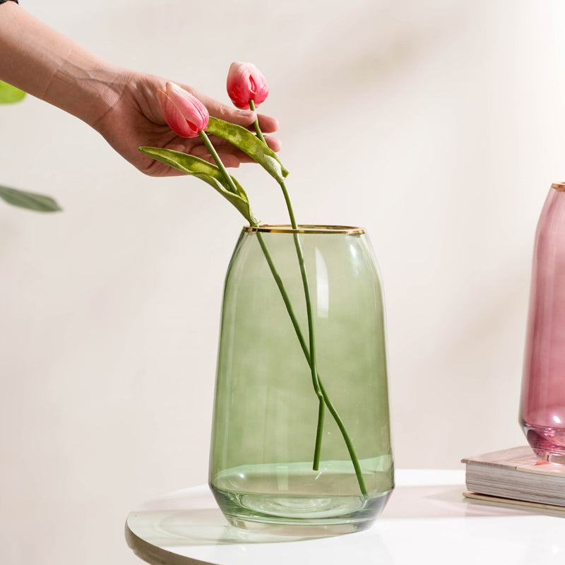 Clear Glass Gold Detailed Vase Green 9 Inch - Glass flower vase for home decor, office and gifting | Home decoration items