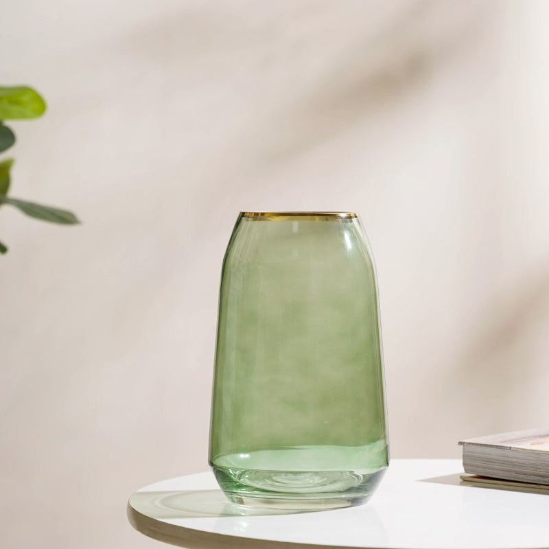 Clear Glass Gold Detailed Vase Green 9 Inch - Glass flower vase for home decor, office and gifting | Home decoration items