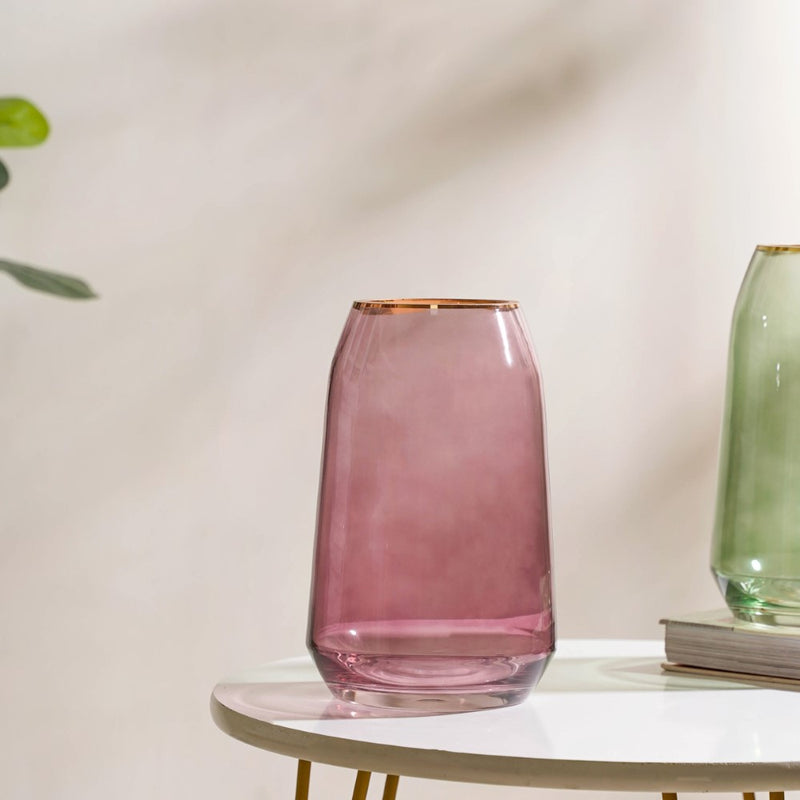 Clear Glass Gold Detailed Vase Purple 9 Inch - Glass flower vase for home decor, office and gifting | Home decoration items
