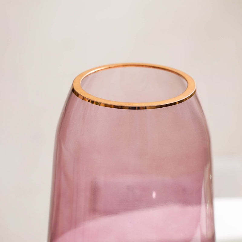 Clear Glass Gold Detailed Vase Purple 9 Inch - Glass flower vase for home decor, office and gifting | Home decoration items