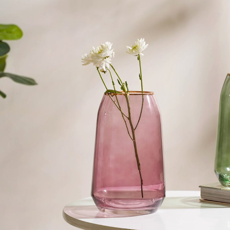 Clear Glass Gold Detailed Vase Purple 9 Inch - Glass flower vase for home decor, office and gifting | Home decoration items