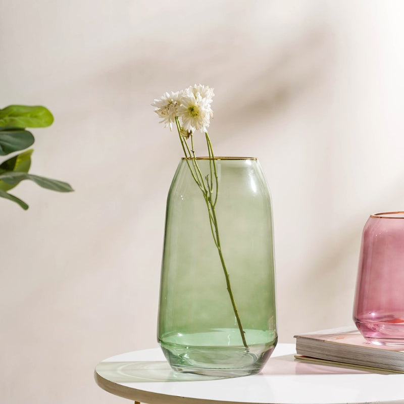 Clear Glass Gold Detailed Vase Green 11 Inch - Glass flower vase for home decor, office and gifting | Home decoration items