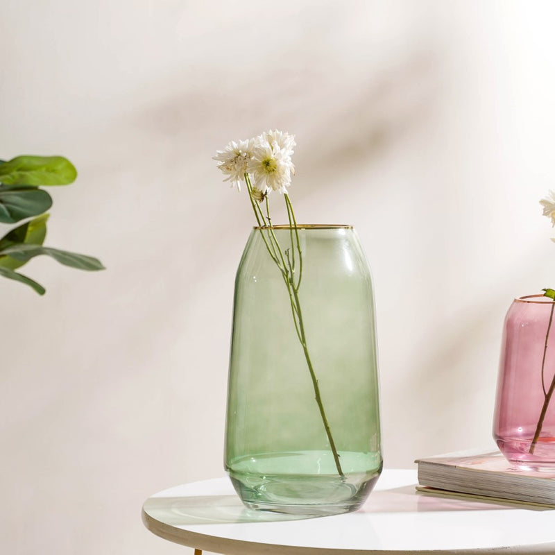Clear Glass Gold Detailed Vase Green 11 Inch - Glass flower vase for home decor, office and gifting | Home decoration items