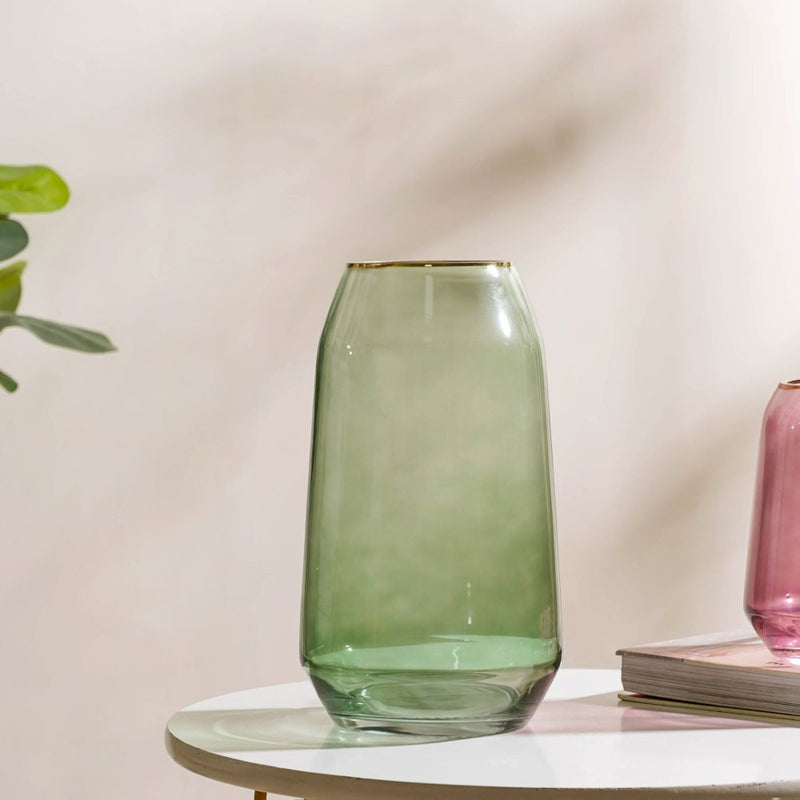 Clear Glass Gold Detailed Vase Green 11 Inch - Glass flower vase for home decor, office and gifting | Home decoration items