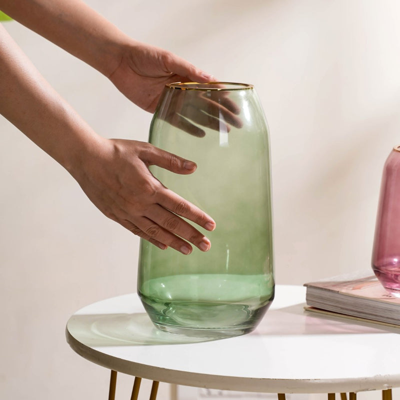 Clear Glass Gold Detailed Vase Green 11 Inch - Glass flower vase for home decor, office and gifting | Home decoration items