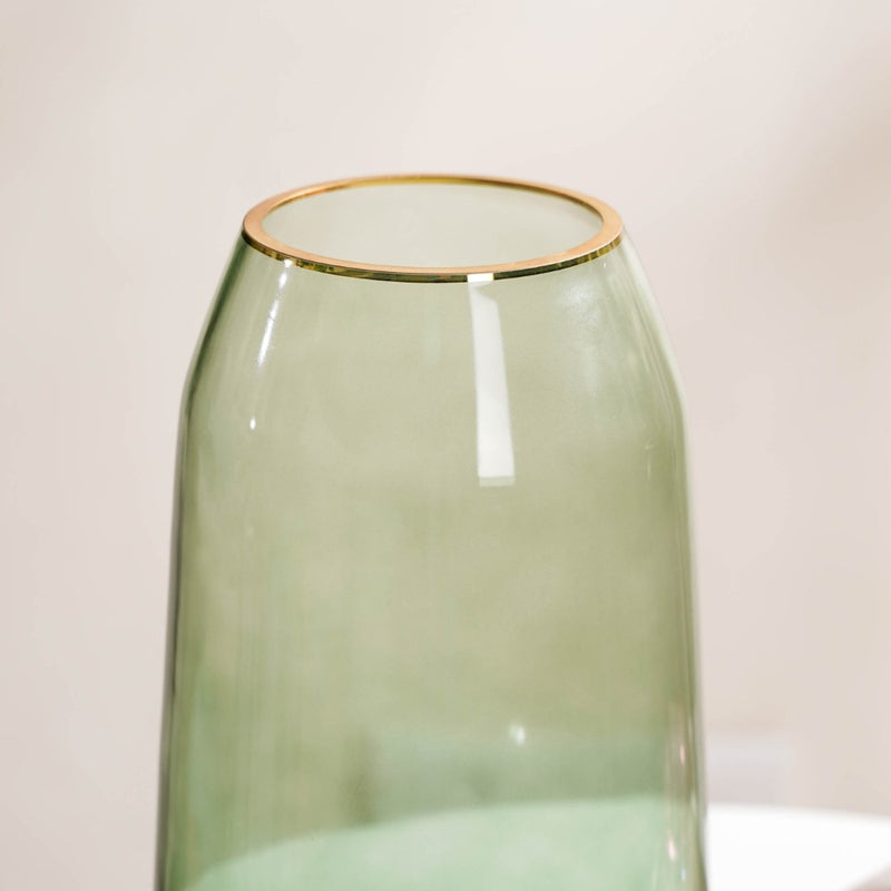 Clear Glass Gold Detailed Vase Green 11 Inch - Glass flower vase for home decor, office and gifting | Home decoration items