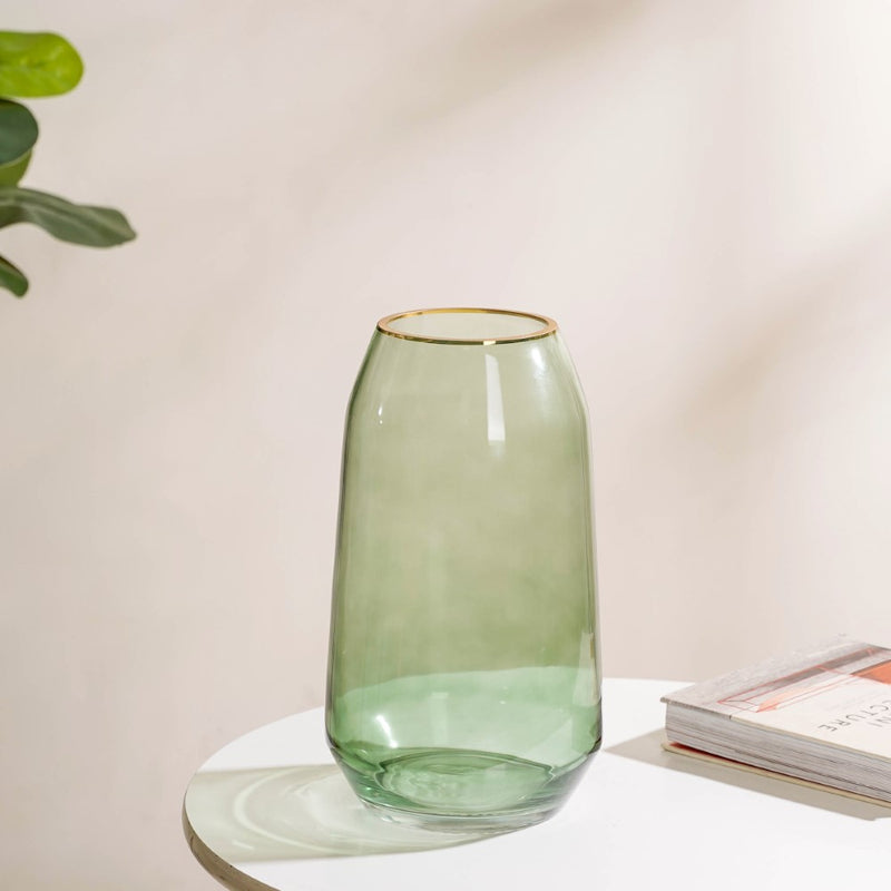 Clear Glass Gold Detailed Vase Green 11 Inch - Glass flower vase for home decor, office and gifting | Home decoration items