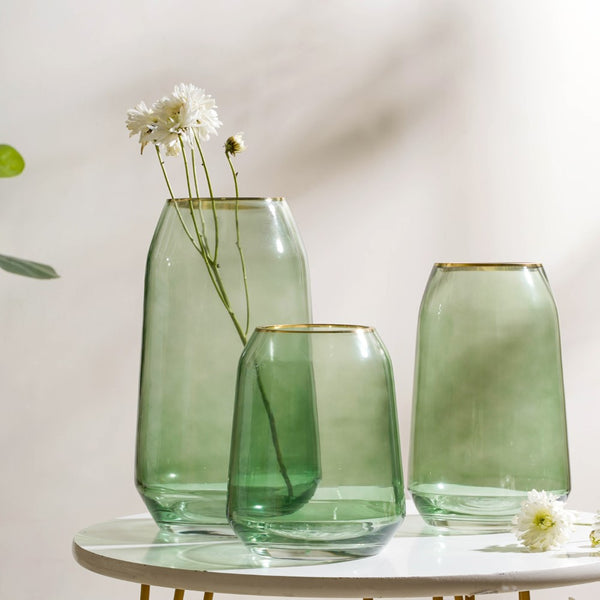 Clear Glass Gold Detailed Vase Green 11 Inch - Glass flower vase for home decor, office and gifting | Home decoration items