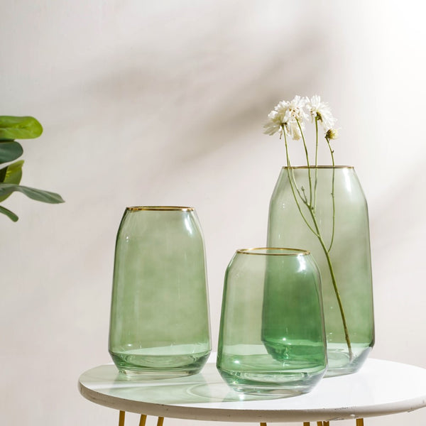 Clear Glass Gold Detailed Vase Green 11 Inch - Glass flower vase for home decor, office and gifting | Home decoration items