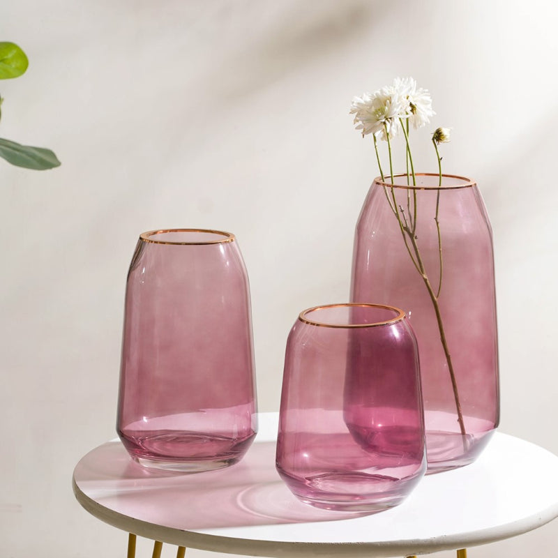 Clear Glass Gold Detailed Vase Purple 11 Inch - Glass flower vase for home decor, office and gifting | Home decoration items