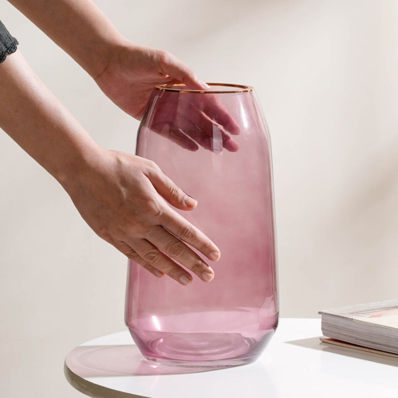 Clear Glass Gold Detailed Vase Purple 11 Inch - Glass flower vase for home decor, office and gifting | Home decoration items