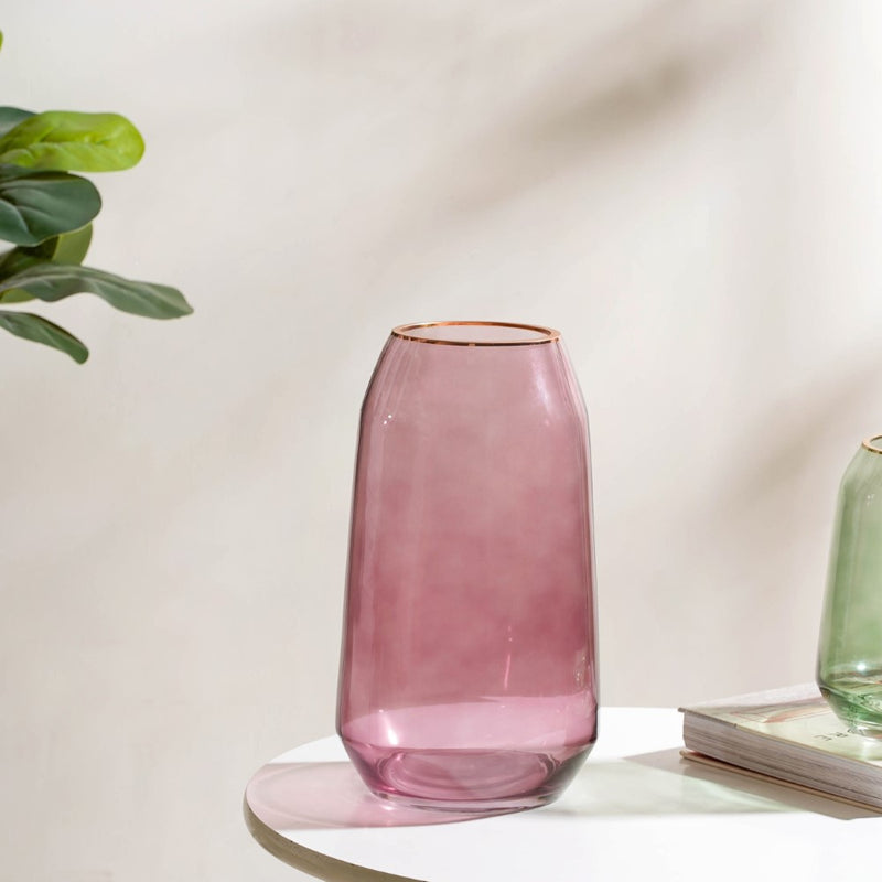 Clear Glass Gold Detailed Vase Purple 11 Inch - Glass flower vase for home decor, office and gifting | Home decoration items