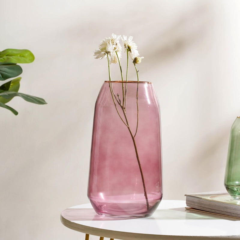 Clear Glass Gold Detailed Vase Purple 11 Inch - Glass flower vase for home decor, office and gifting | Home decoration items