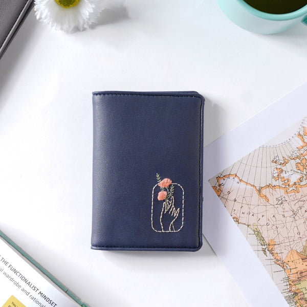 Floral Art Embroidered Passport Cover Navy Blue
