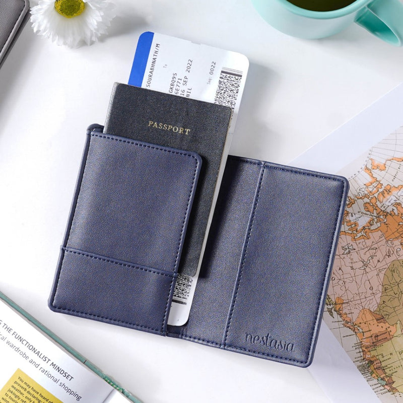 Floral Art Embroidered Passport Cover Navy Blue
