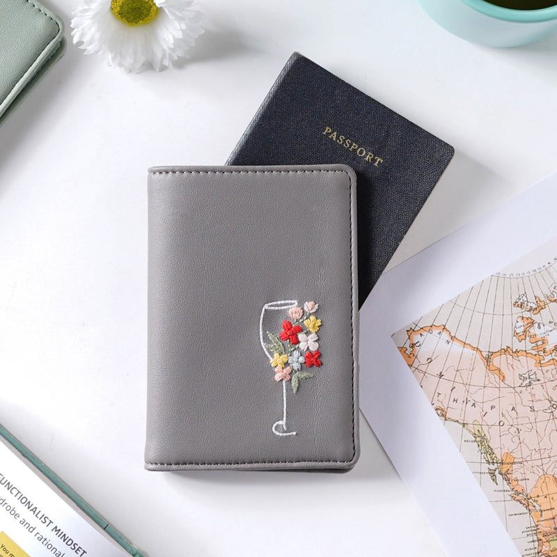 Floral Line Art Embroidered Passport Cover Grey