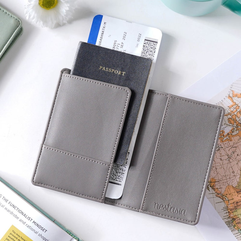 Floral Line Art Embroidered Passport Cover Grey