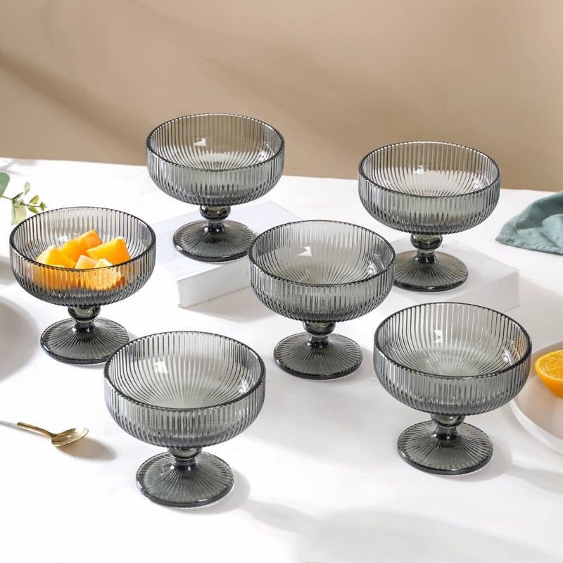 Ribbed Texture Stemmed Dessert Bowl Ash Grey Set Of 6 300ml