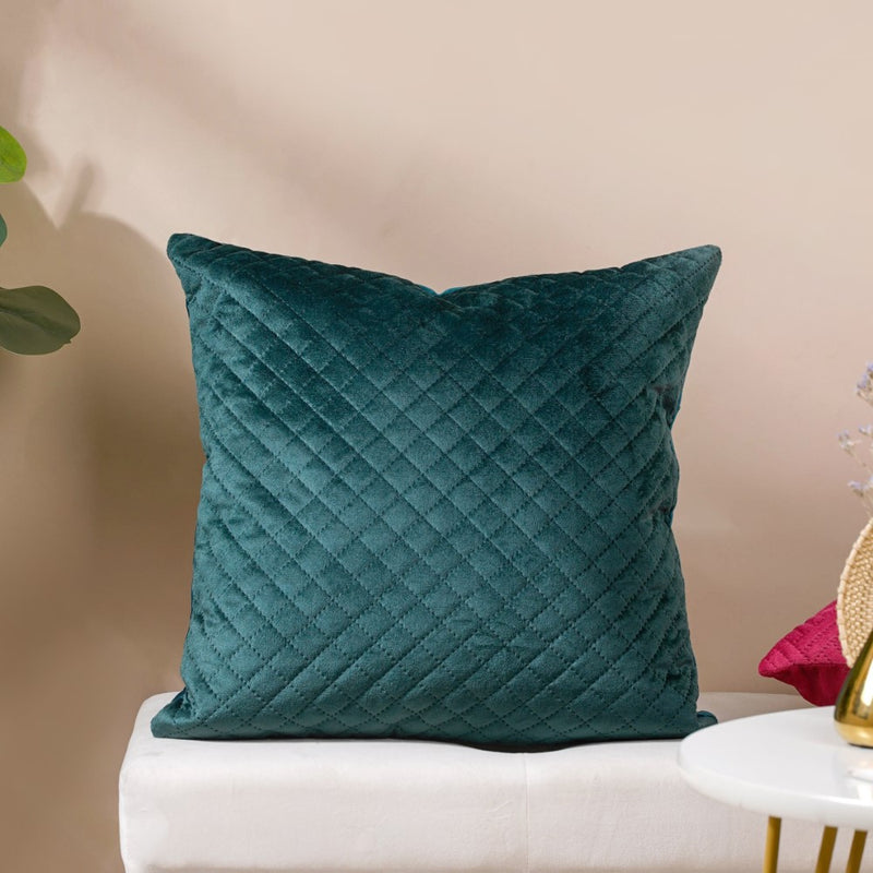 Beryl Green Quilted Velvet Cushion Cover 16 x 16 Inch