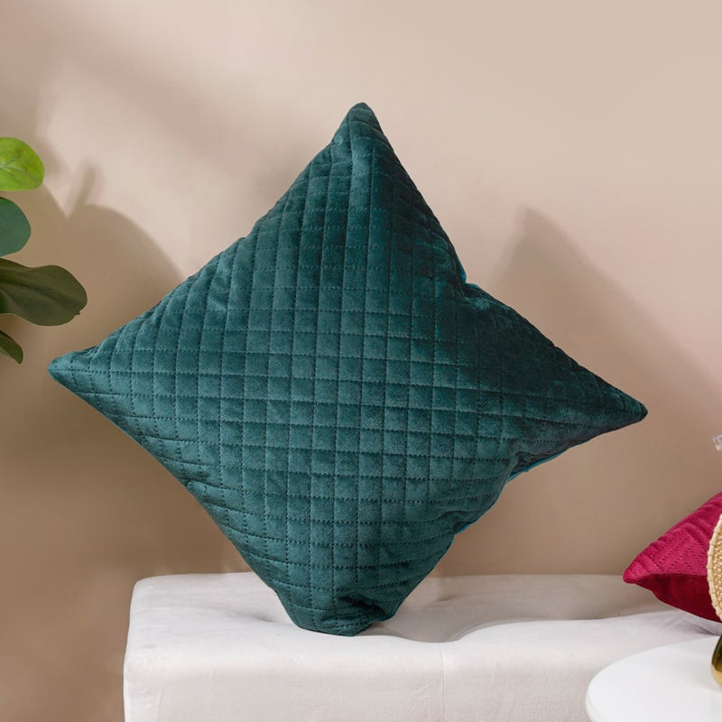 Beryl Green Quilted Velvet Cushion Cover 16 x 16 Inch