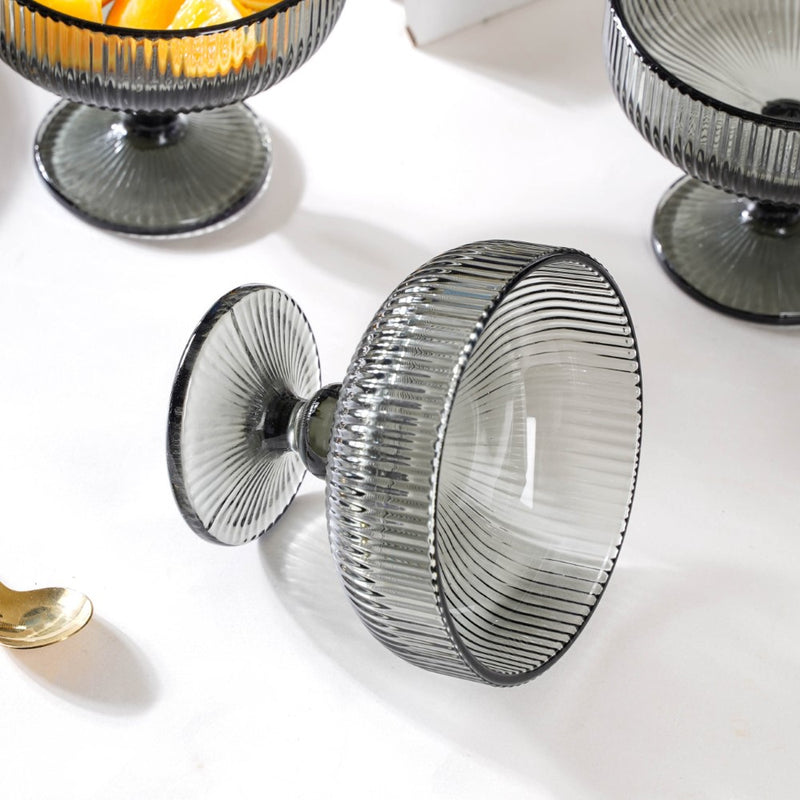 Ribbed Texture Stemmed Dessert Bowl Ash Grey Set Of 6 300ml