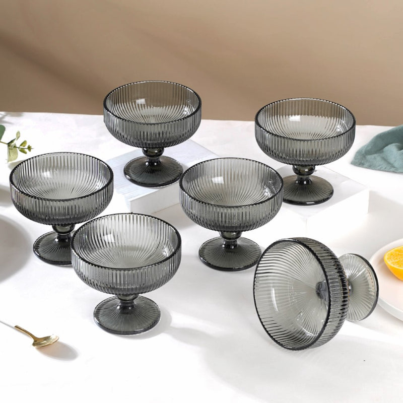 Ribbed Texture Stemmed Dessert Bowl Ash Grey Set Of 6 300ml