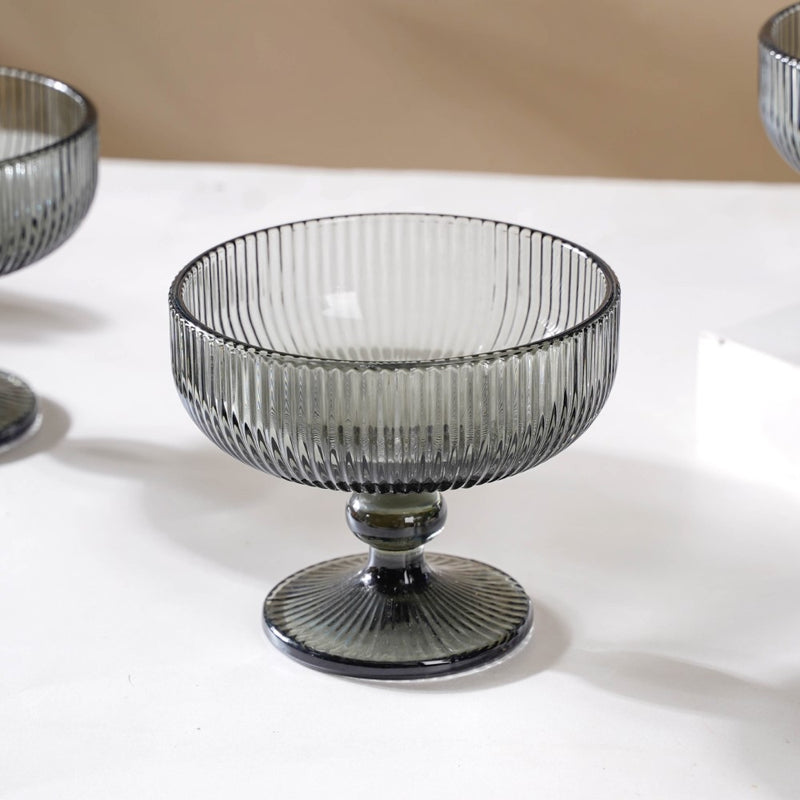 Ribbed Texture Stemmed Dessert Bowl Ash Grey Set Of 6 300ml