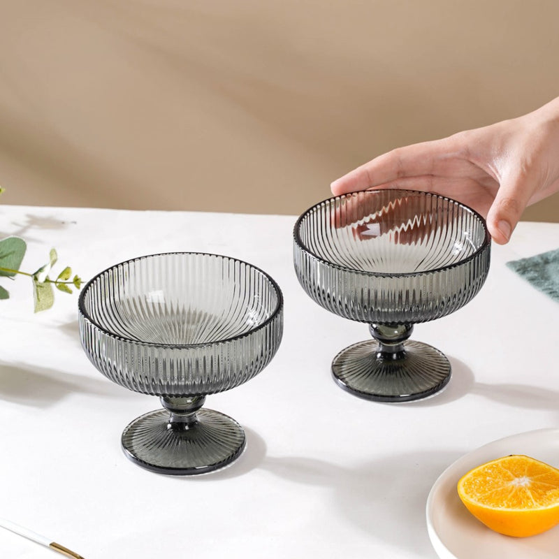 Ribbed Texture Stemmed Dessert Bowl Ash Grey Set Of 6 300ml