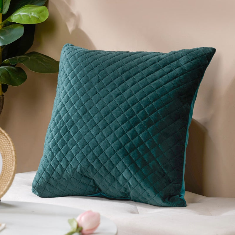 Beryl Green Quilted Velvet Cushion Cover 16 x 16 Inch