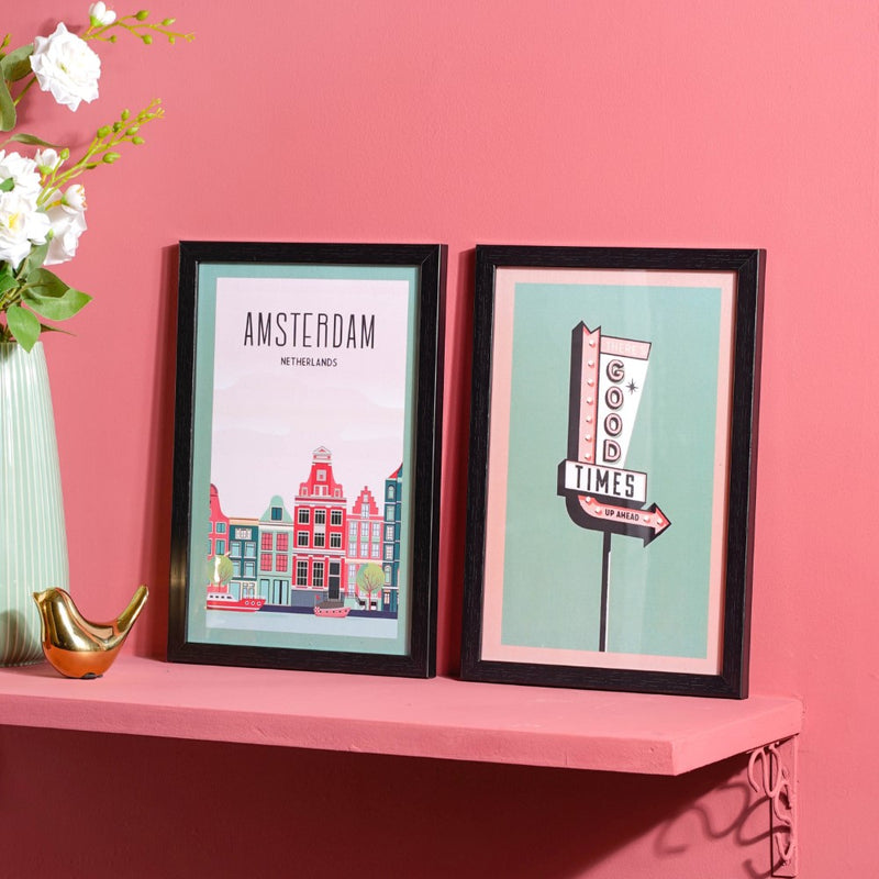 Vintage Travel Framed Poster Set Of 2 13x9 Inch - Framed posters wall art for wall decoration, wall design | Room decoration items