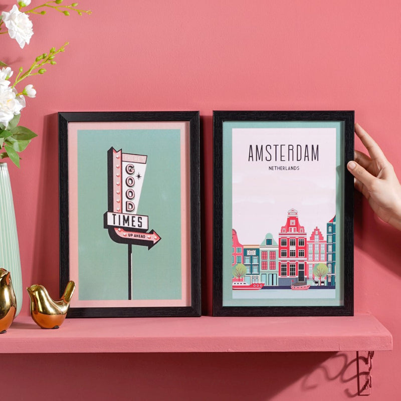 Vintage Travel Framed Poster Set Of 2 13x9 Inch - Framed posters wall art for wall decoration, wall design | Room decoration items