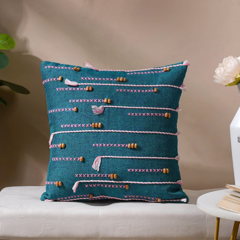 Jade Threadwork Beaded Jute Cushion Cover Green 16 x 16 Inch