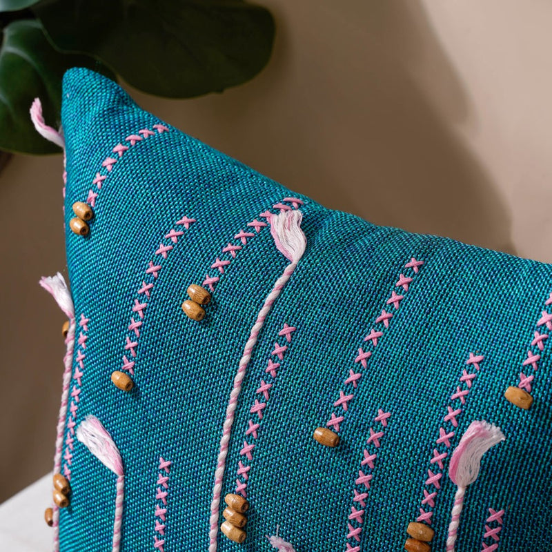 Jade Threadwork Beaded Jute Cushion Cover Green 16 x 16 Inch