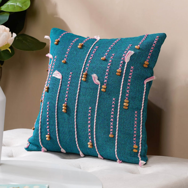 Jade Threadwork Beaded Jute Cushion Cover Green 16 x 16 Inch