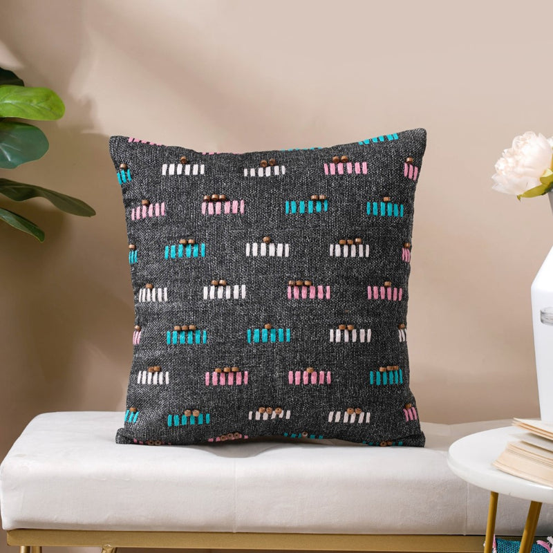 Adria Threadwork Beaded Jute Cushion Cover Black 16 x 16 Inch