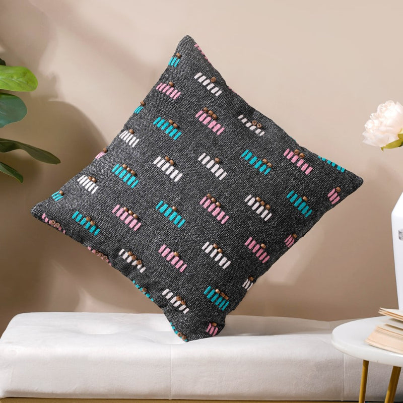 Adria Threadwork Beaded Jute Cushion Cover Black 16 x 16 Inch