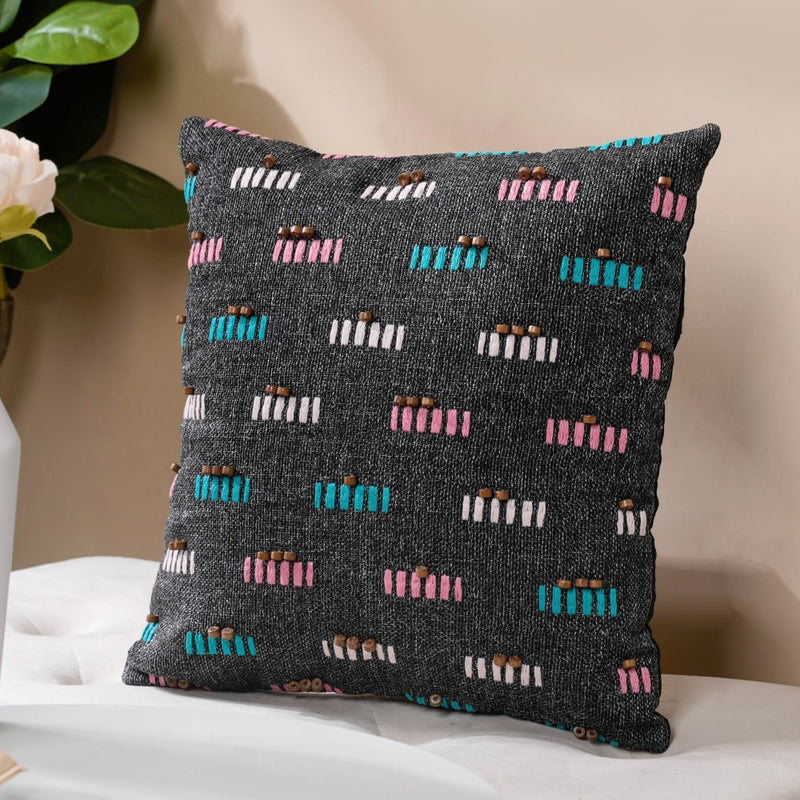 Adria Threadwork Beaded Jute Cushion Cover Black 16 x 16 Inch
