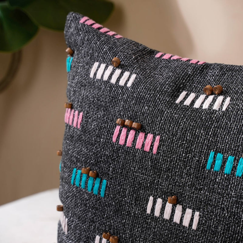 Adria Threadwork Beaded Jute Cushion Cover Black 16 x 16 Inch