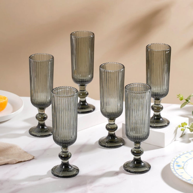 Ribbed Texture Stemmed Flute Glass Ash Grey Set Of 6 250ml