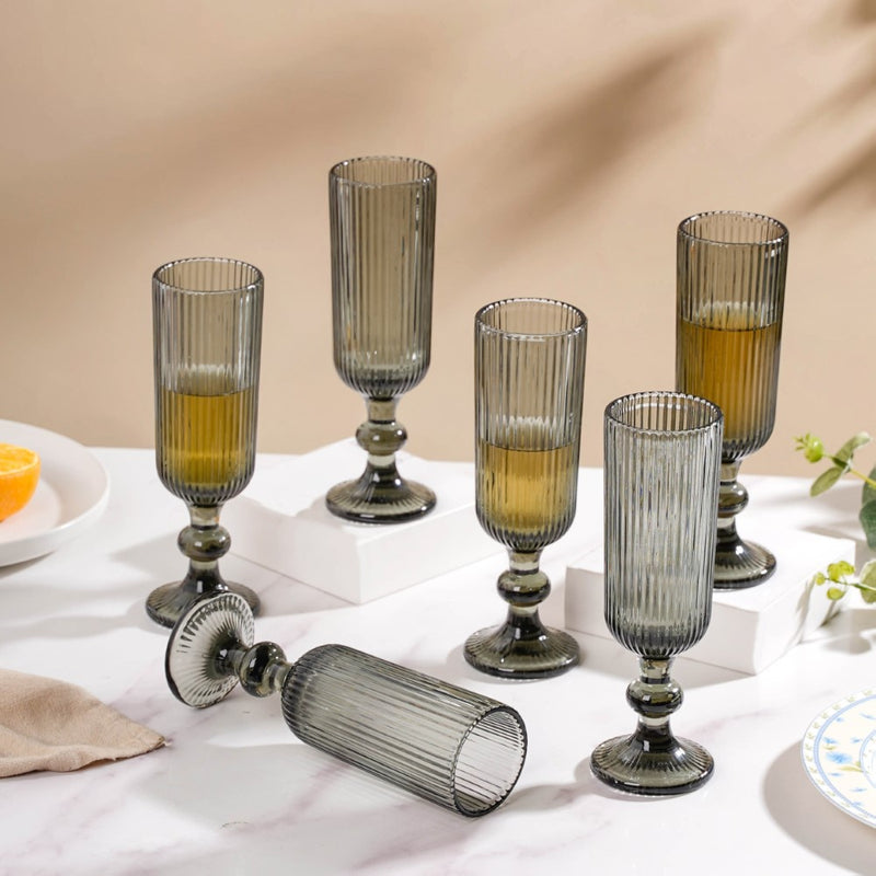 Ribbed Texture Stemmed Flute Glass Ash Grey Set Of 6 250ml